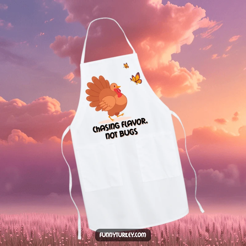 Stylish apron featuring a funny turkey silhouette playfully chasing a butterfly, ideal for kitchen fun and protection.