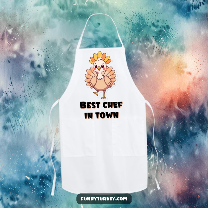 Funny Kawaii Turkey Apron showcasing a proud cartoon turkey in a beautiful headdress, perfect for humorous and stylish cooking.