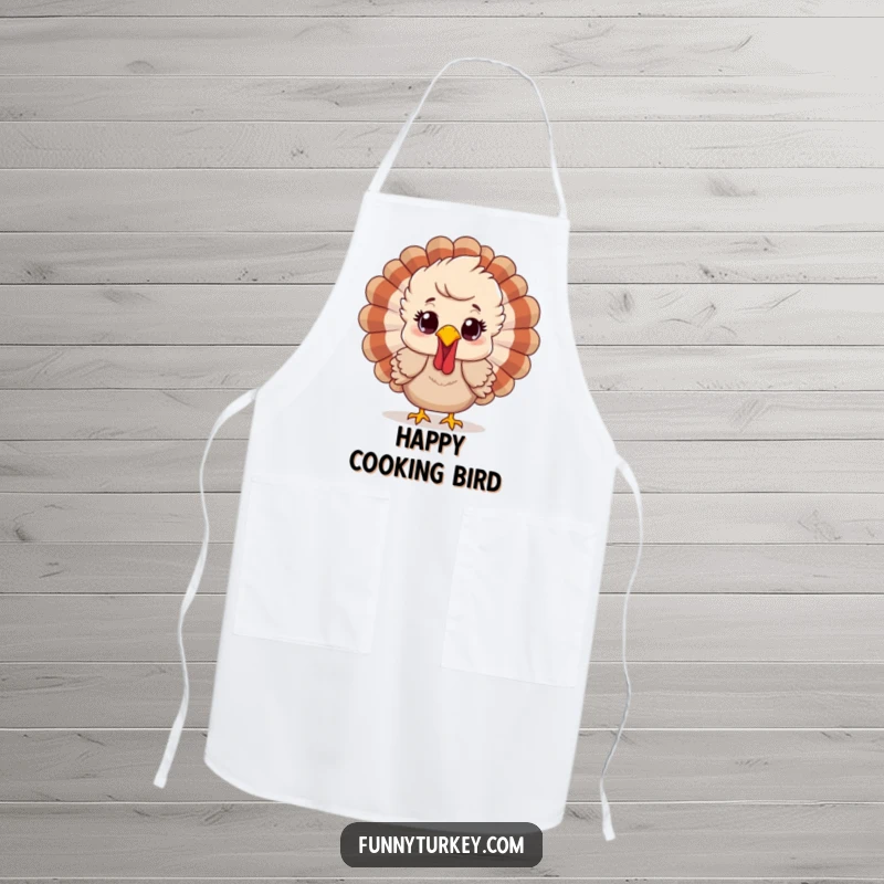 Funny apron with a cartoon turkey, feathers ruffled and looking happily surprised, perfect for adding festive charm to cooking.