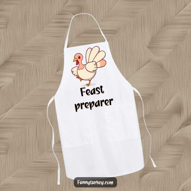 Funny Turkey Apron: A cute kawaii turkey spins happily with wings spread, adding humorous flair to holiday cooking.