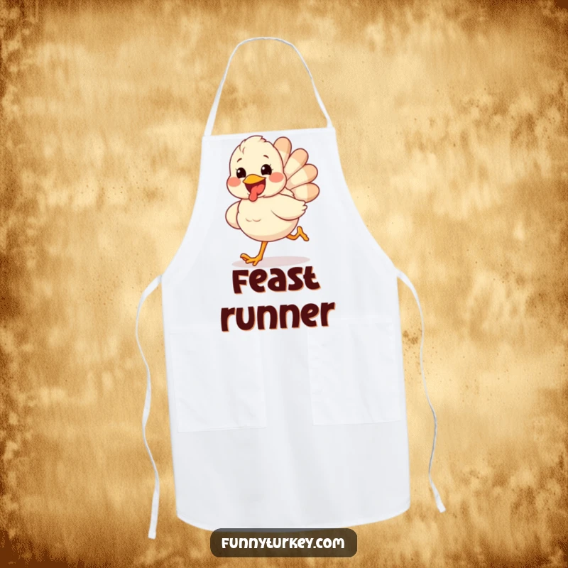 Funny kitchen apron depicting a fluffy turkey running gleefully with a wide excited grin, ideal for holiday cooking.