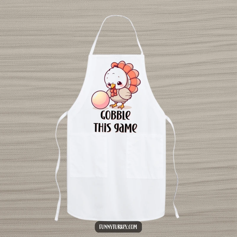 Funny Turkey Apron: A playful kawaii turkey pecks inquisitively at a shiny bouncing ball, adding humorous charm to kitchen tasks.