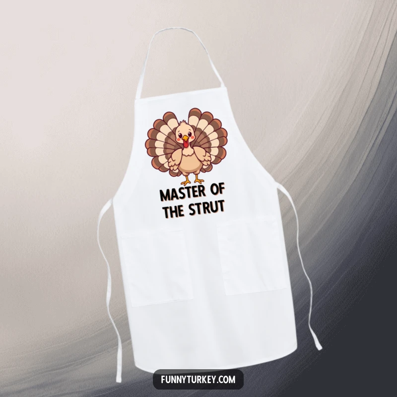 Stylish apron featuring a funny cartoon turkey in a confident strut, perfect for kitchen fun and protection.