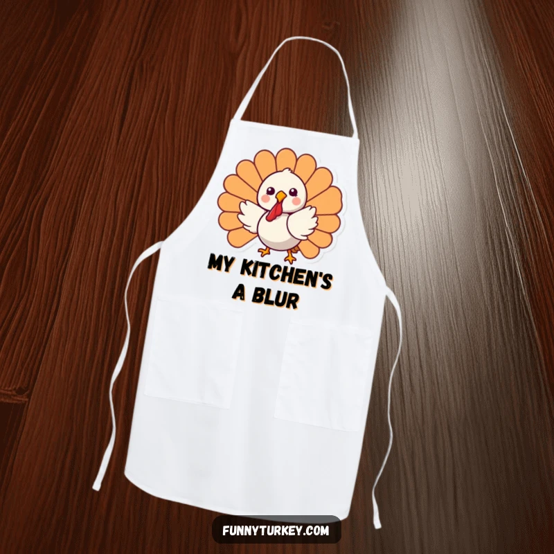 Funny Kawaii Turkey Apron showing a happy cartoon turkey joyfully spinning, ideal for humorous chefs and holiday cooking.