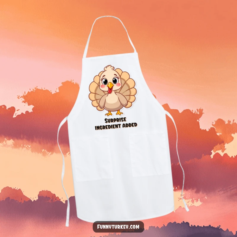 Stylish apron featuring a funny turkey with wide, surprised eyes, perfect for kitchen fun and protection.