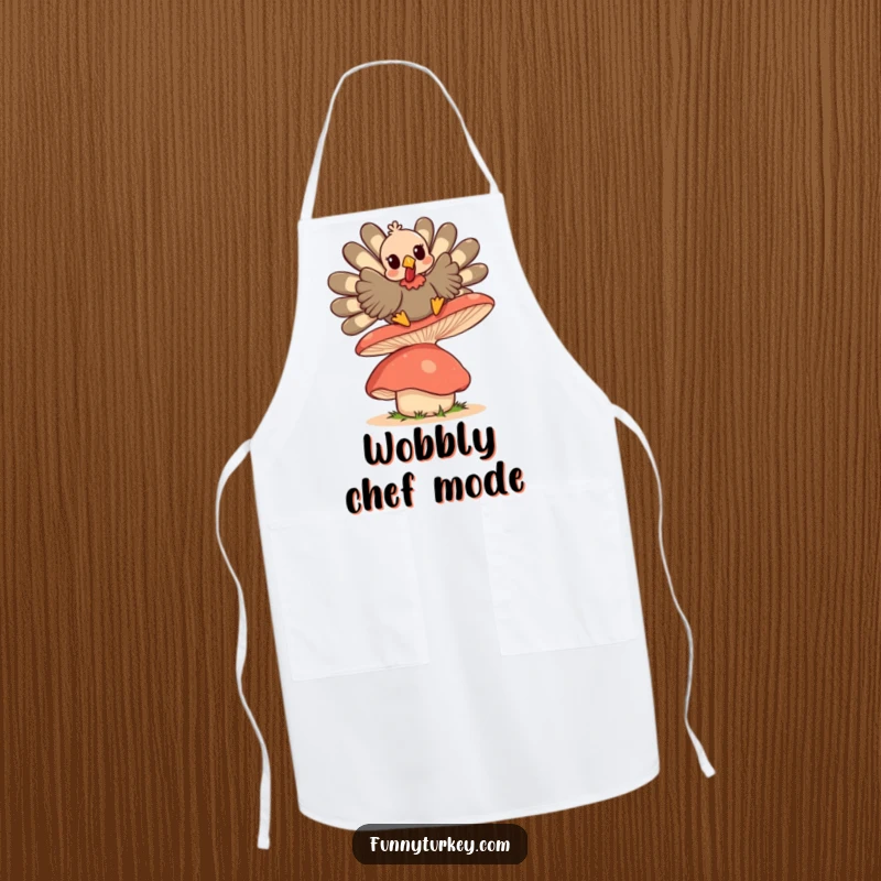 Funny Kawaii Turkey apron, a cute turkey character gleefully bouncing on a large, wobbly mushroom, ready for culinary fun.