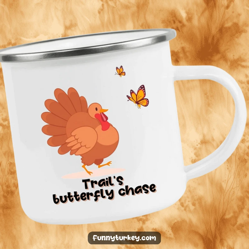 Enamel camping mug featuring a funny turkey silhouette in a playful chase with a butterfly, built for adventure and laughs.