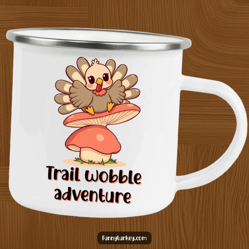 Funny Kawaii Turkey camping mug, a cute turkey character bouncing on a large, wobbly mushroom, ready for the outdoors.