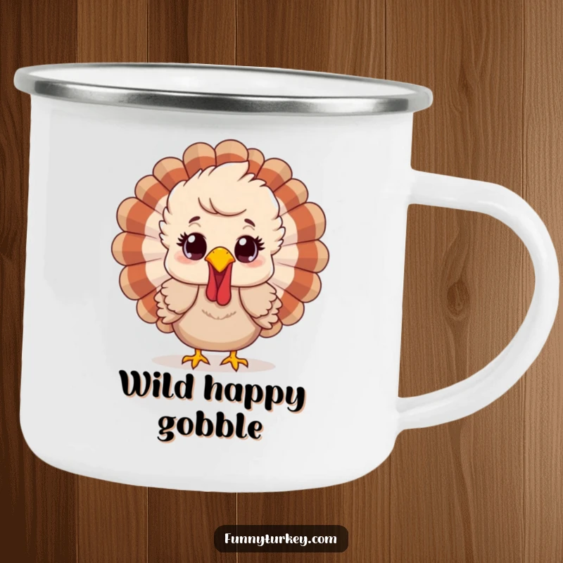 Funny camping mug with a cartoon turkey, feathers ruffled and looking happily surprised, ready for festive outdoor fun.