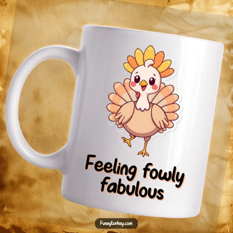 Funny Kawaii Turkey Mug with a delighted cartoon turkey proudly strutting while wearing a vibrant feathery headdress, a humorous holiday item.