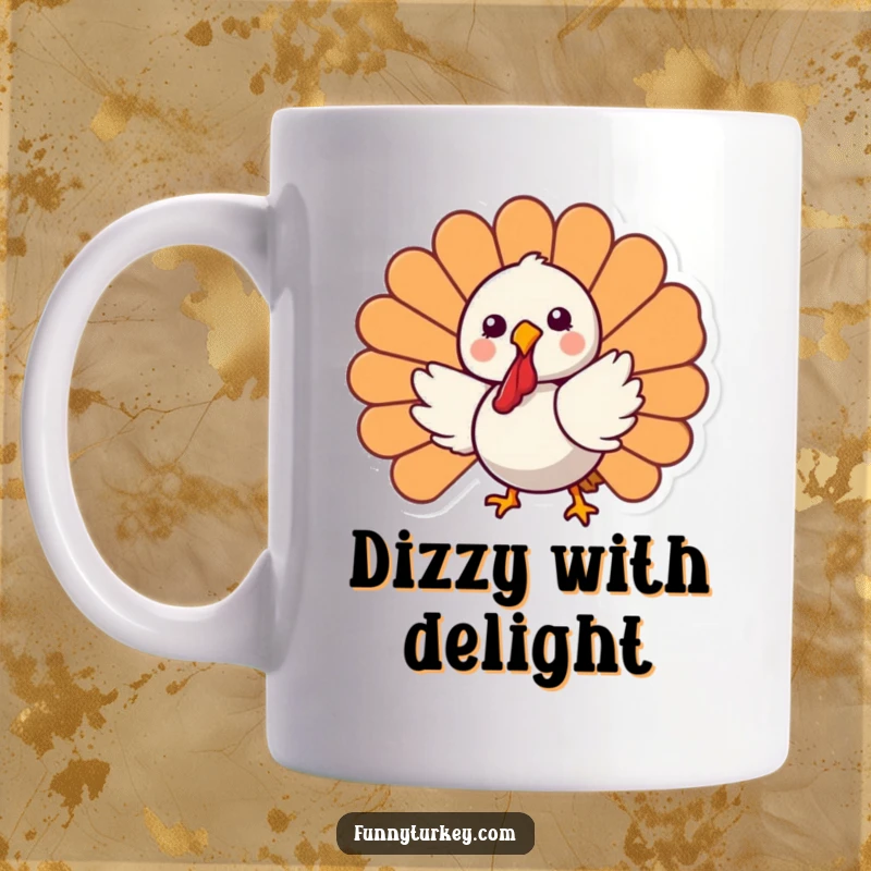 Funny Kawaii Turkey Mug featuring a joyful cartoon turkey happily spinning in circles, a perfect festive and funny Thanksgiving gift.
