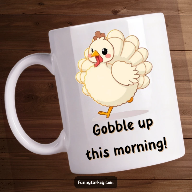 Funny Kawaii Turkey Mug: Fluffy bird joyfully trotting with fanned tail feathers, spreading happiness and humor.