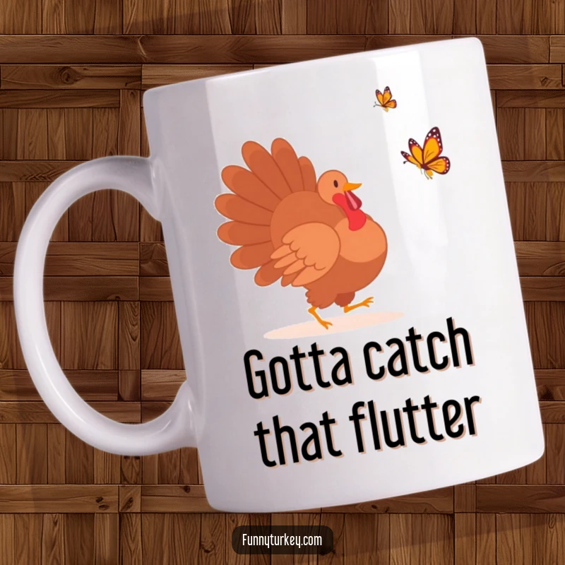Funny turkey silhouette joyfully chasing a vibrant butterfly across a mug, capturing a moment of lighthearted pursuit.