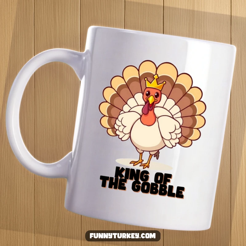 Funny Mug: A proud turkey struts with a tiny golden crown, exuding royal confidence, perfect for a humorous coffee break.