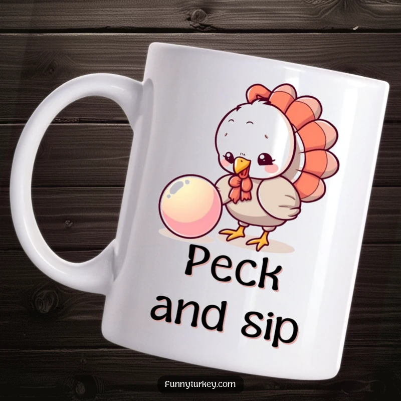 Funny Turkey Ball Mug: A playful kawaii turkey pecks curiously at a shiny, bouncing ball, showcasing inquisitive and humorous behavior.