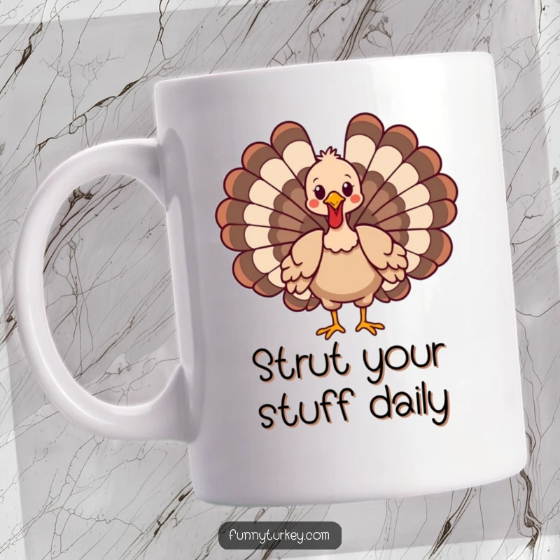 Funny cartoon turkey with wings gloriously spread in a confident strut featured on a coffee mug.