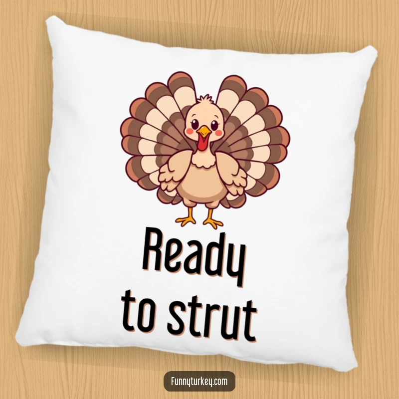 Soft pillow featuring a funny cartoon turkey in a proud, wings-spread strut, offering comfort and whimsy.