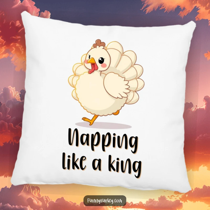 Funny Kawaii Turkey Pillow: Soft cushion featuring a fluffy bird trotting joyfully with fanned tail feathers, ideal for a funny and cozy atmosphere.