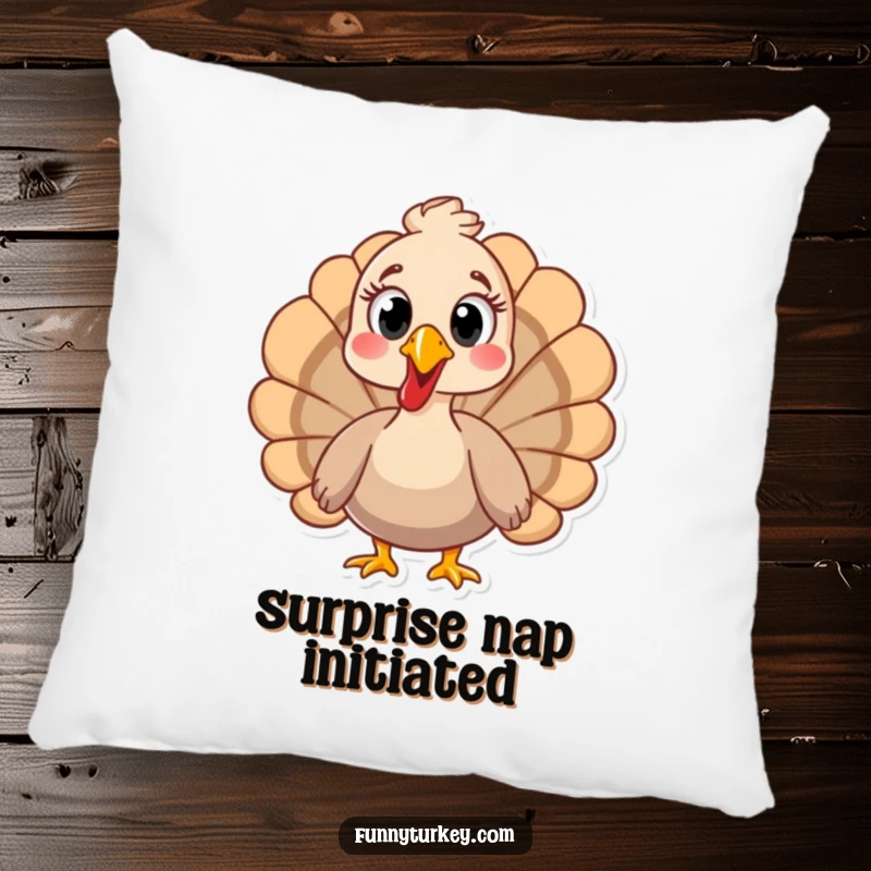 Plush pillow featuring a funny turkey with wide, surprised eyes, offering comfort and a touch of humor.