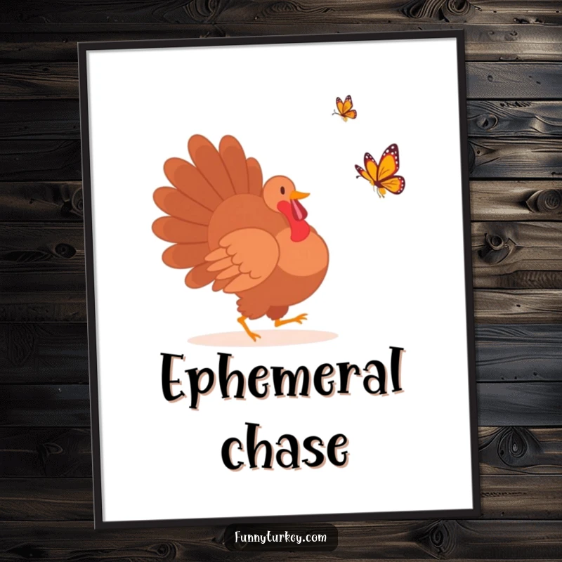 High-resolution digital art print of a funny turkey silhouette joyfully pursuing a vibrant butterfly, ready to decorate.