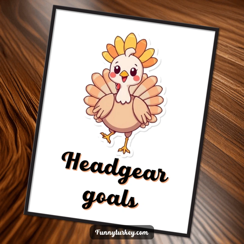 Funny Kawaii Turkey Digital Art Print of a proud cartoon turkey in a beautiful headdress, strutting majestically, for humorous decor.