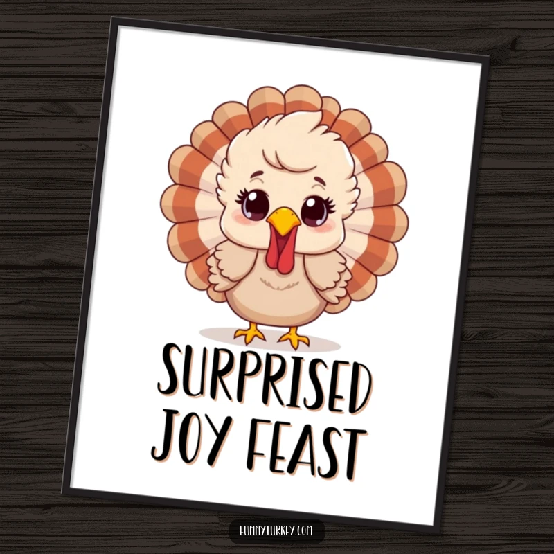 Funny digital art print of a cartoon turkey with ruffled feathers and a happy surprised expression, capturing festive cheer.