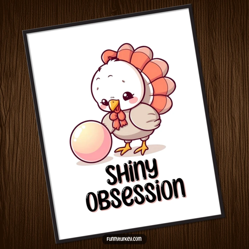 Funny Turkey Digital Art Print: A playful kawaii turkey pecks curiously at a shiny bouncing ball, creating humorous and engaging downloadable wall art.