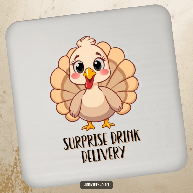 Decorative drink coaster featuring a funny turkey with wide, surprised eyes, adding humor to any surface.