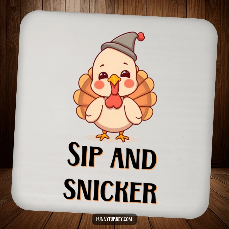 Funny Turkey Coaster: A kawaii turkey giggles wearing a small, funny hat, providing surface protection with humorous charm.
