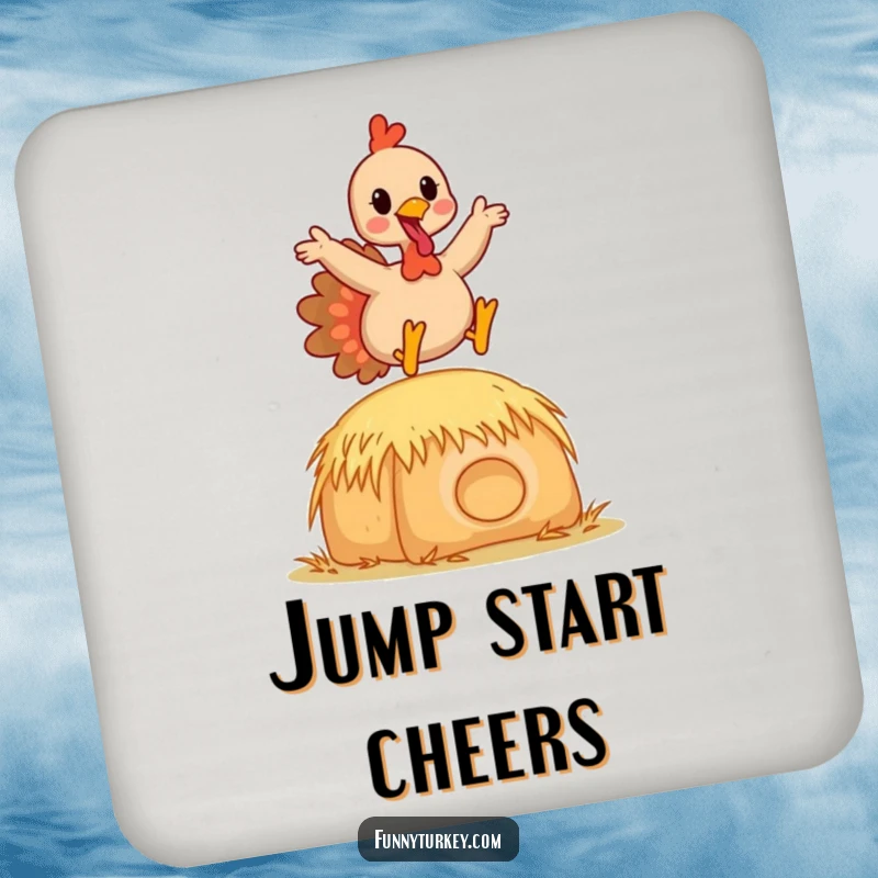 Funny Kawaii Turkey Coaster featuring a happy cartoon turkey leaping joyfully over a hay bale, perfect for humorous surface protection.