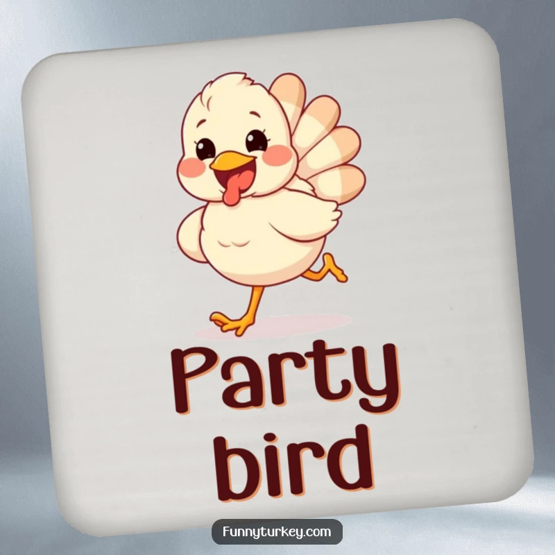 Funny drink coasters featuring a fluffy turkey running with an excited grin, adding festive humor to tabletops.