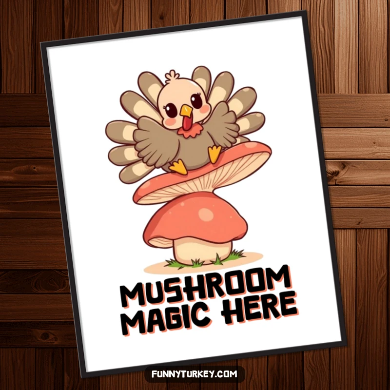 Funny Kawaii Turkey poster, a cute turkey character joyfully bouncing on a large, wobbly mushroom, full of whimsical charm.