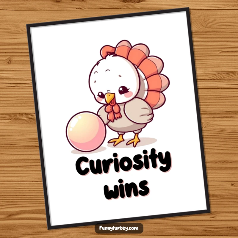 Funny Turkey Poster: A playful kawaii turkey pecks curiously at a shiny, bouncing ball, creating engaging and humorous wall art.