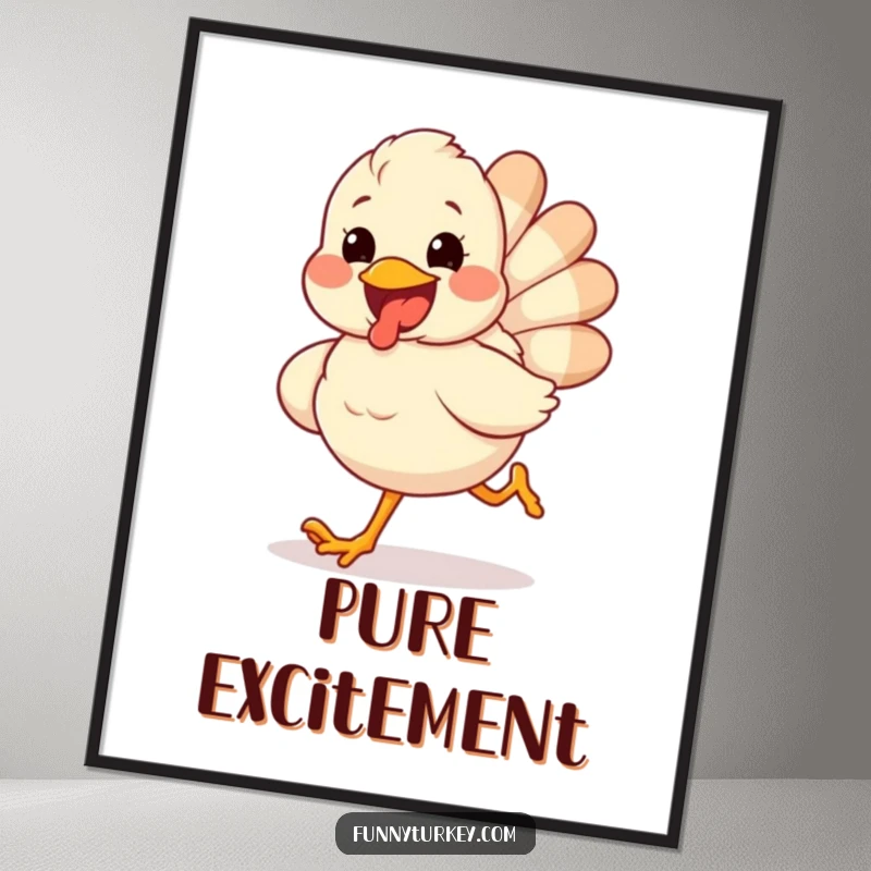 Funny poster illustrating a fluffy turkey with a huge grin running with pure excitement, perfect for festive wall decor.