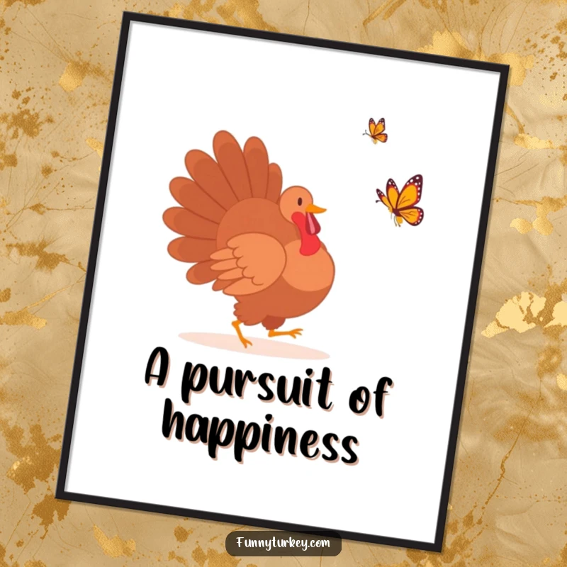 Vibrant poster showcasing a funny turkey silhouette energetically chasing a colorful butterfly, perfect for adding humor to decor.