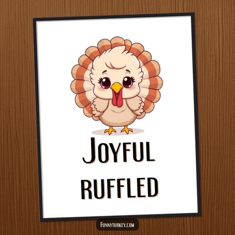 Funny poster of a cartoon turkey with ruffled feathers and a happy surprised expression, radiating festive cheer and amusement.