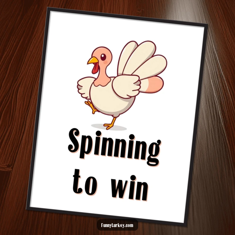 Funny Turkey Poster: A cute kawaii turkey spins joyfully with wings spread wide, creating a festive and humorous piece of wall art.