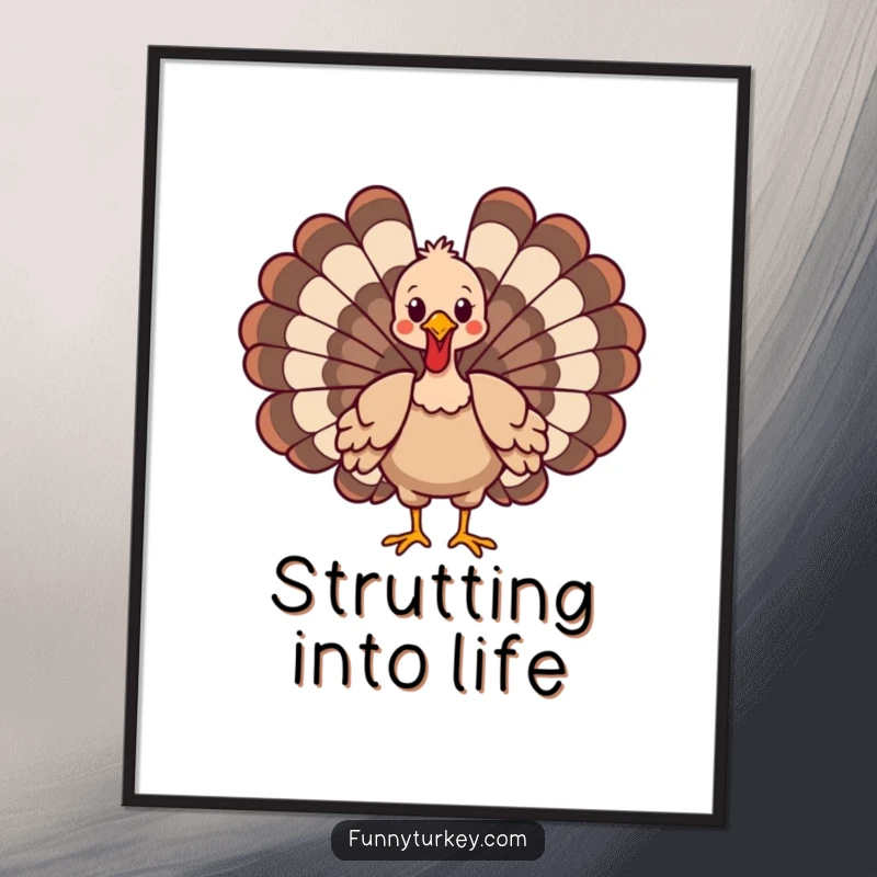 Eye-catching poster showcasing a funny cartoon turkey performing a flamboyant strut with its wings spread.