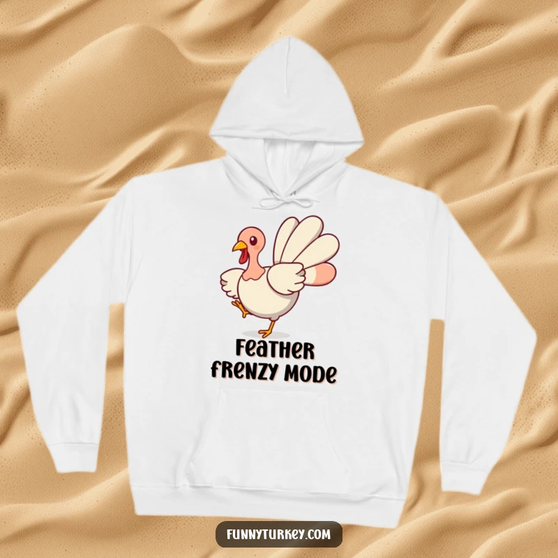 Funny Turkey Hoodie: A cute kawaii turkey spins happily with wings spread, offering warmth and humorous festive spirit.