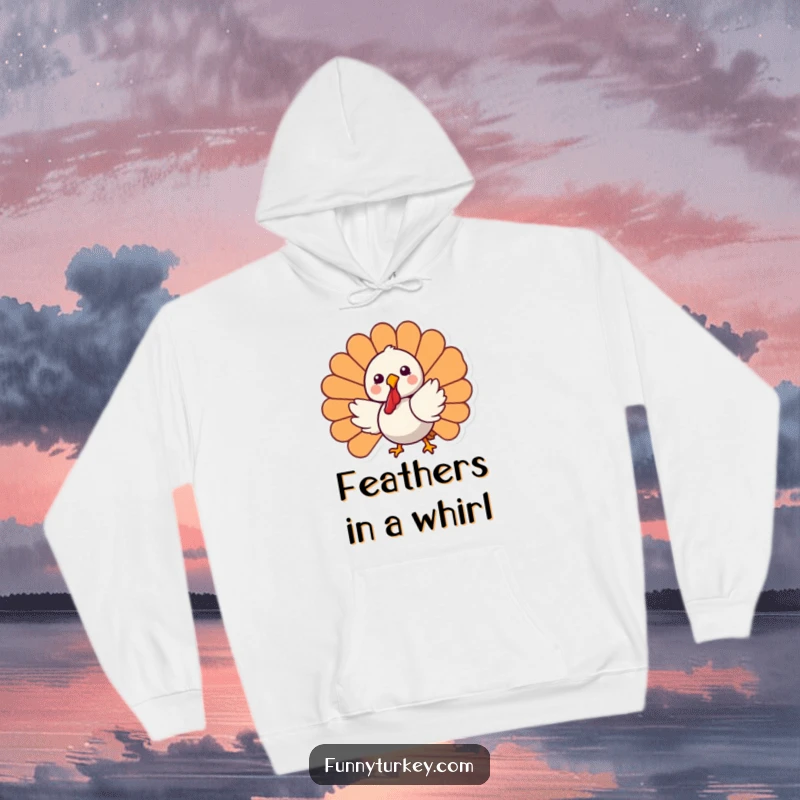 Funny Kawaii Turkey Hoodie showcasing a happy cartoon turkey gleefully spinning around, perfect for cozy and humorous holidays.