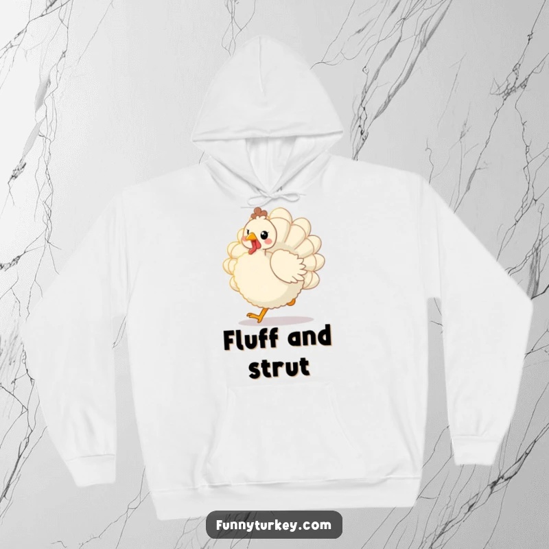 Funny Kawaii Turkey Hoodie: Soft, cozy sweatshirt featuring a fluffy bird trotting joyfully with fanned tail feathers, perfect for laughs.