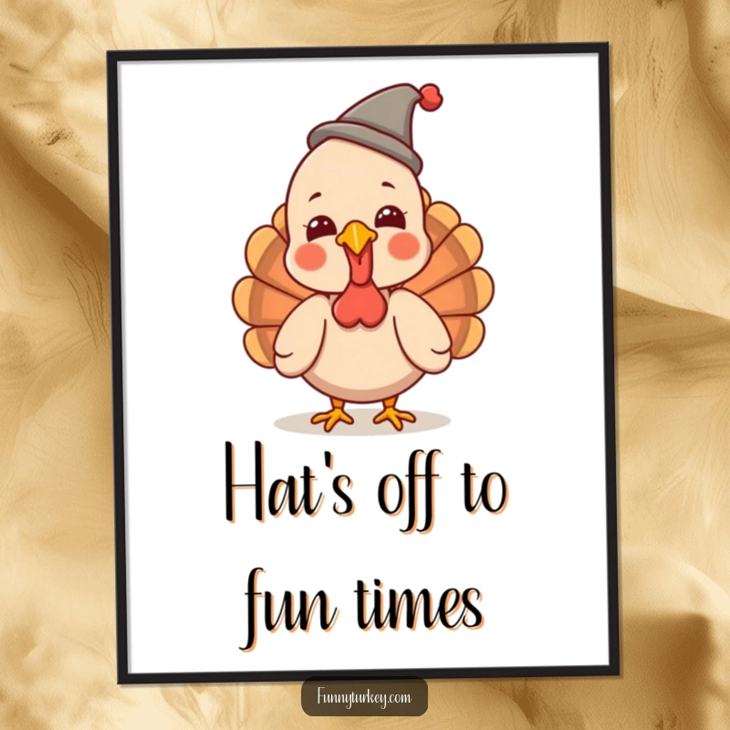 Funny Free Printable Turkey Wall Art giggling while wearing a small funny hat, cute downloadable decor.