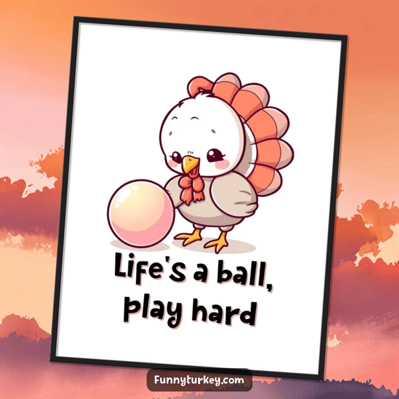 Funny Free Printable Turkey Wall Art pecking curiously at a shiny bouncing ball, cute downloadable decor.