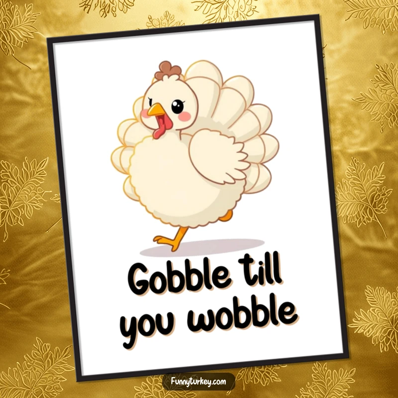 Funny Free Printable Wall Art: Whimsical kawaii turkey with fanned tail feathers, joyfully trotting to adorn any room.