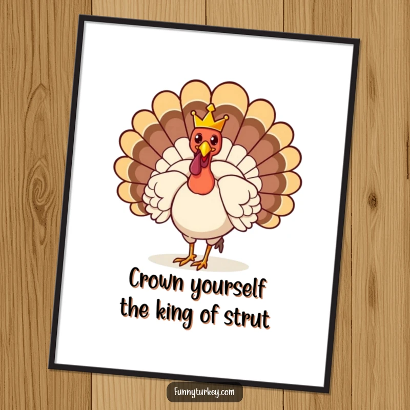 Funny Free Printable Wall Art: A turkey proudly struts with a tiny, shining crown, adding regal absurdity to your decor.