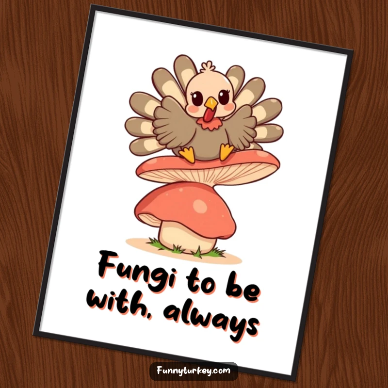 Funny Free Printable Wall Art depicting a giggling Kawaii turkey ecstatically bouncing on a large, wobbly mushroom.