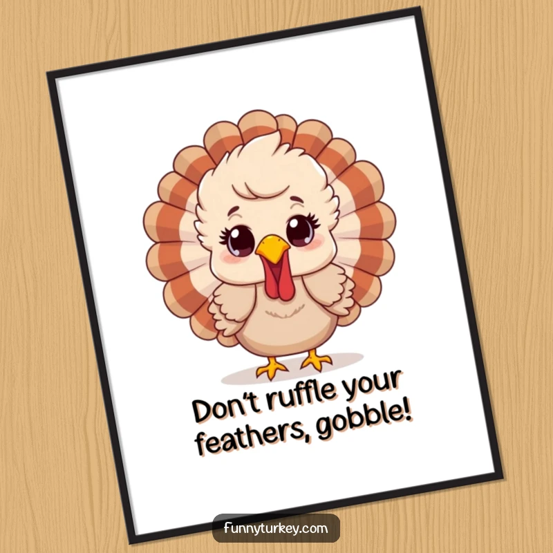 Funny Free Printable Wall Art: A turkey with slightly ruffled feathers wears a look of joyful surprise.