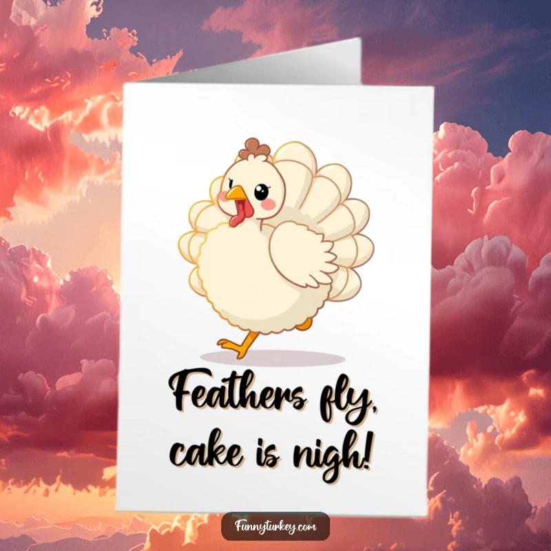Funny Free Printable Birthday Card: Kawaii turkey with fanned tail feathers doing a joyful trot, spreading cheer.