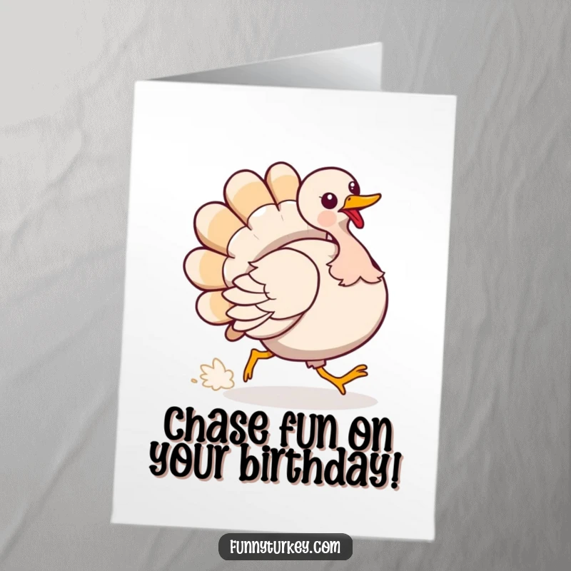 Funny Free Printable Birthday Card: A comical turkey spins in circles, playfully chasing its own fluffy tail in a blur.