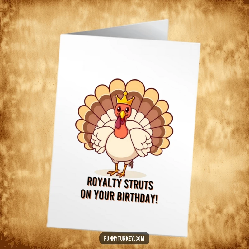Funny Free Printable Birthday Card featuring a proud turkey strutting with a tiny golden crown, ready for a royal party.
